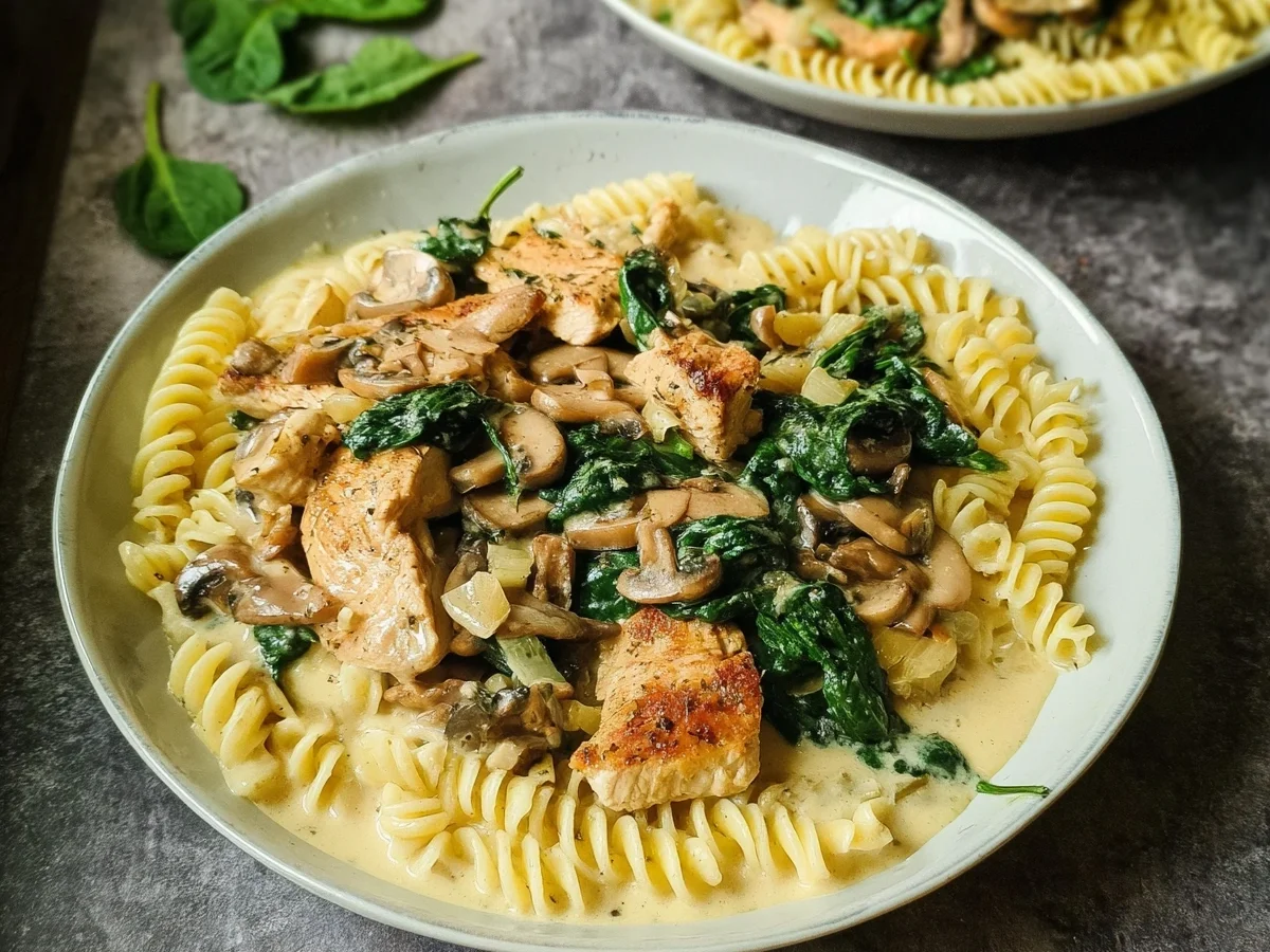 Cremige Hähnchen Pasta mit Spinat & Champignons - Bild 1