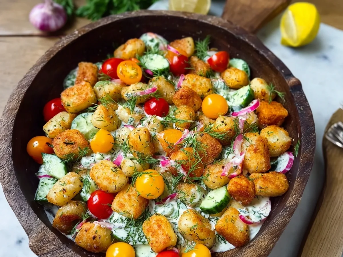 Knuspriger Gnocchi Salat mit frischem Joghurt-Dressing - Bild 1