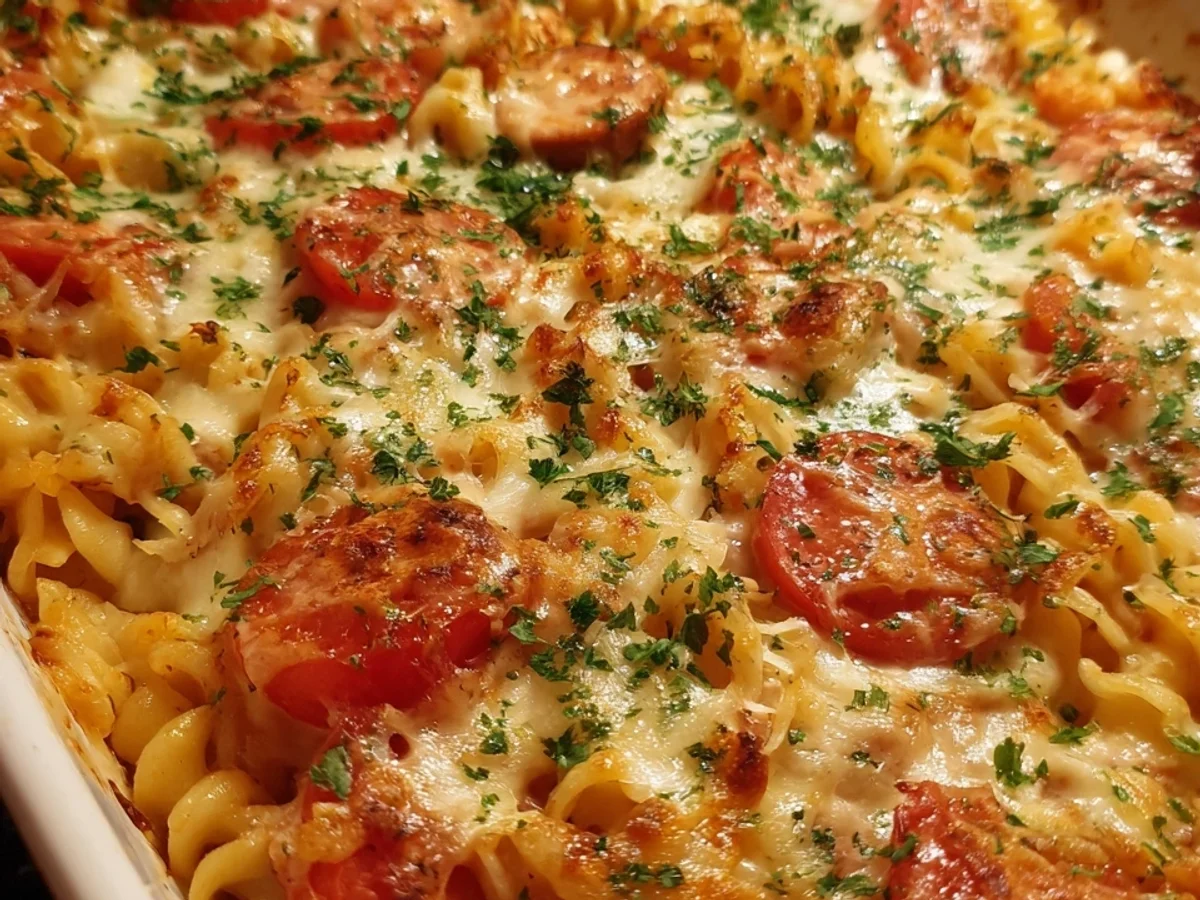Nudel-Würstchen-Auflauf mit Tomaten & goldener Käsekruste - Bild 1