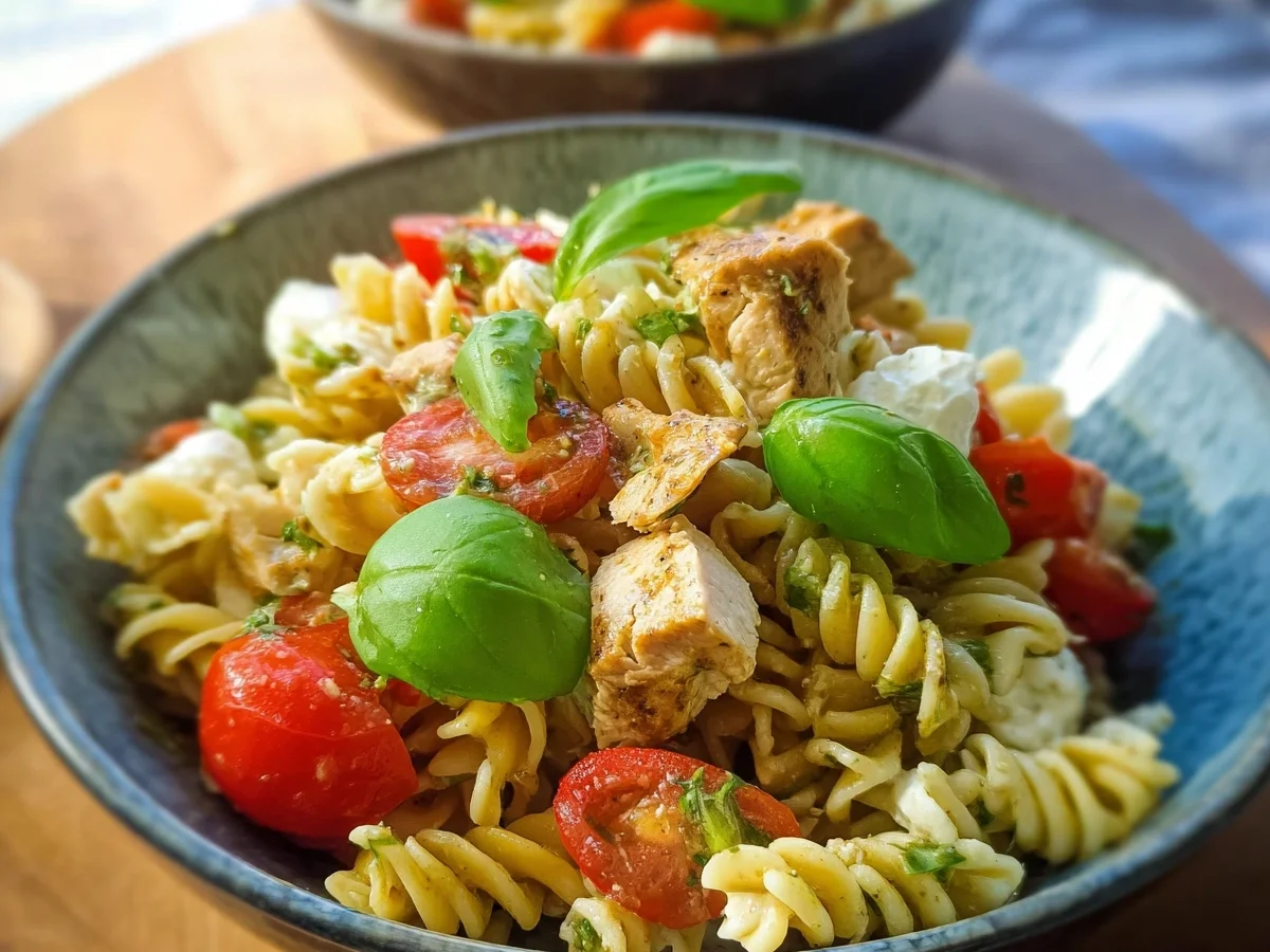 Nudelsalat Caprese mit Hähnchenbrustwürfeln Familienrezept - Bild 1