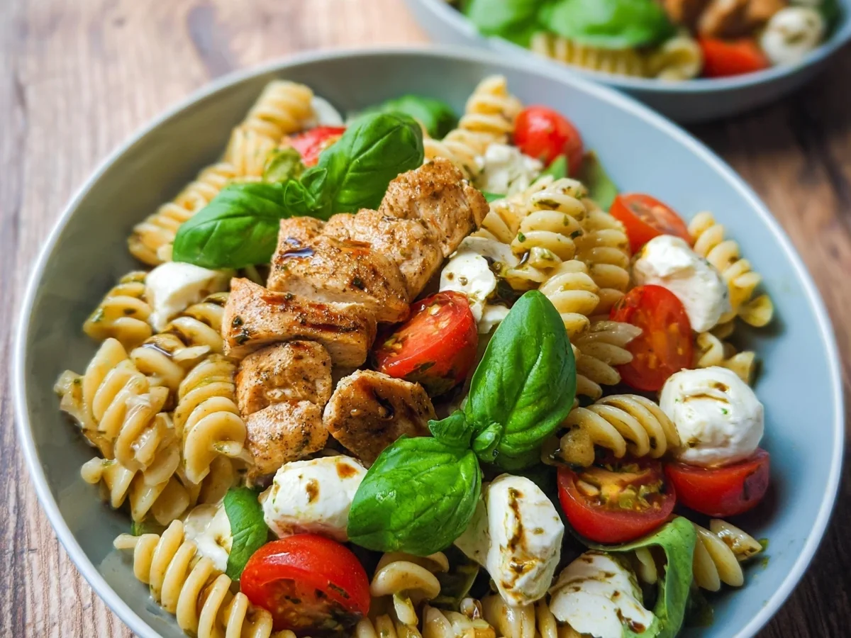 Nudelsalat Caprese mit Hähnchenbrustwürfeln Familienrezept - Bild 2