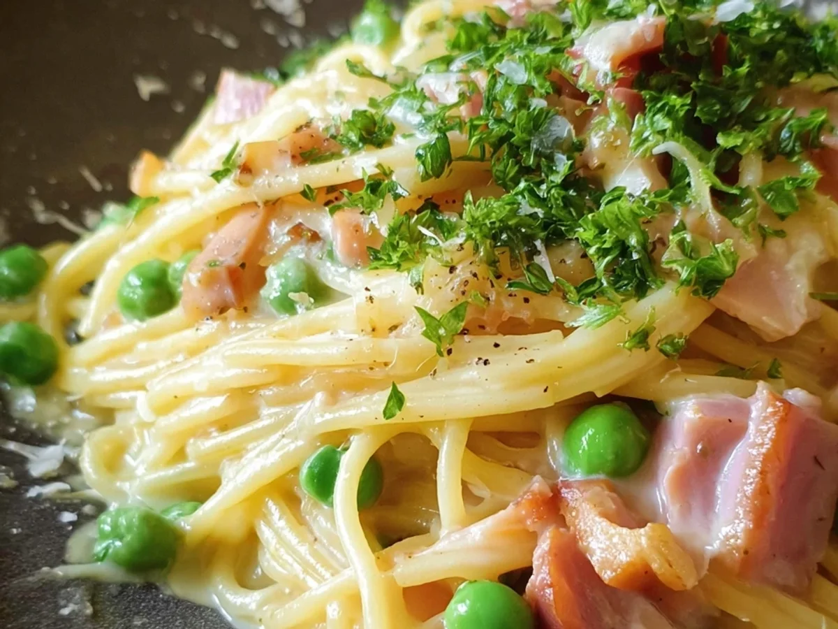 One Pot Spaghetti mit Putenschinken, Sahne-Soße & Erbsen - Bild 1