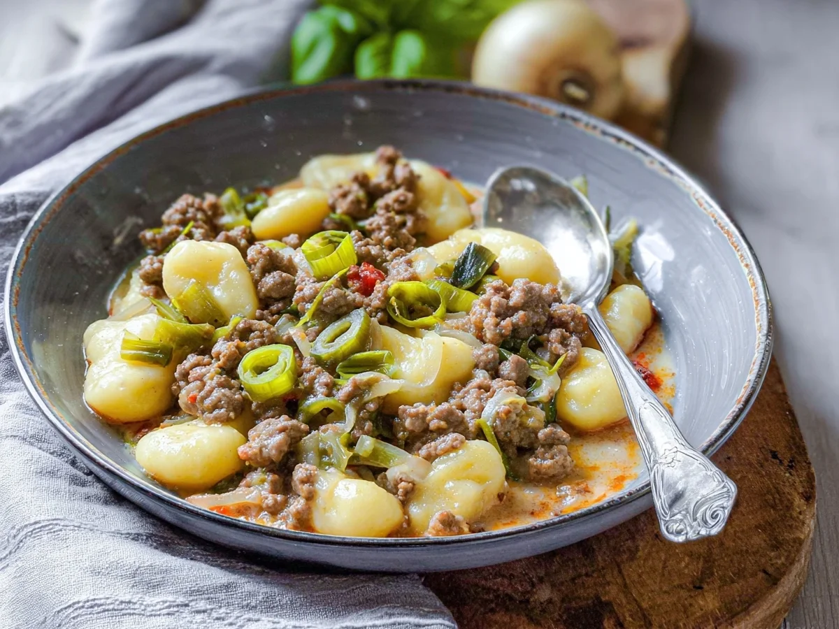 Schnelle Gnocchi Hackfleisch Pfanne mit Lauch - Bild 1