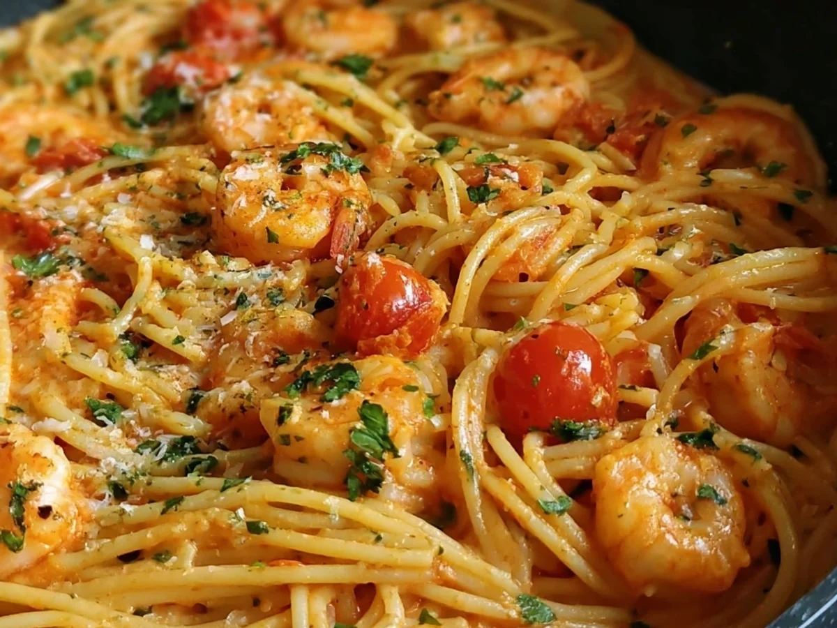 Schnelle Spaghetti mit Garnelen & Tomaten Sahne Soße - Bild 1
