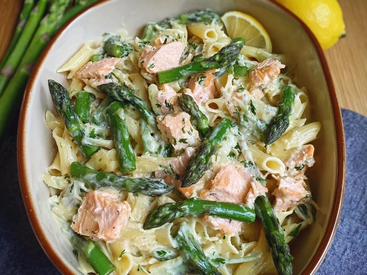 Schnelle Spargel Pasta mit Lachs aus dem Ofen - Bild 1