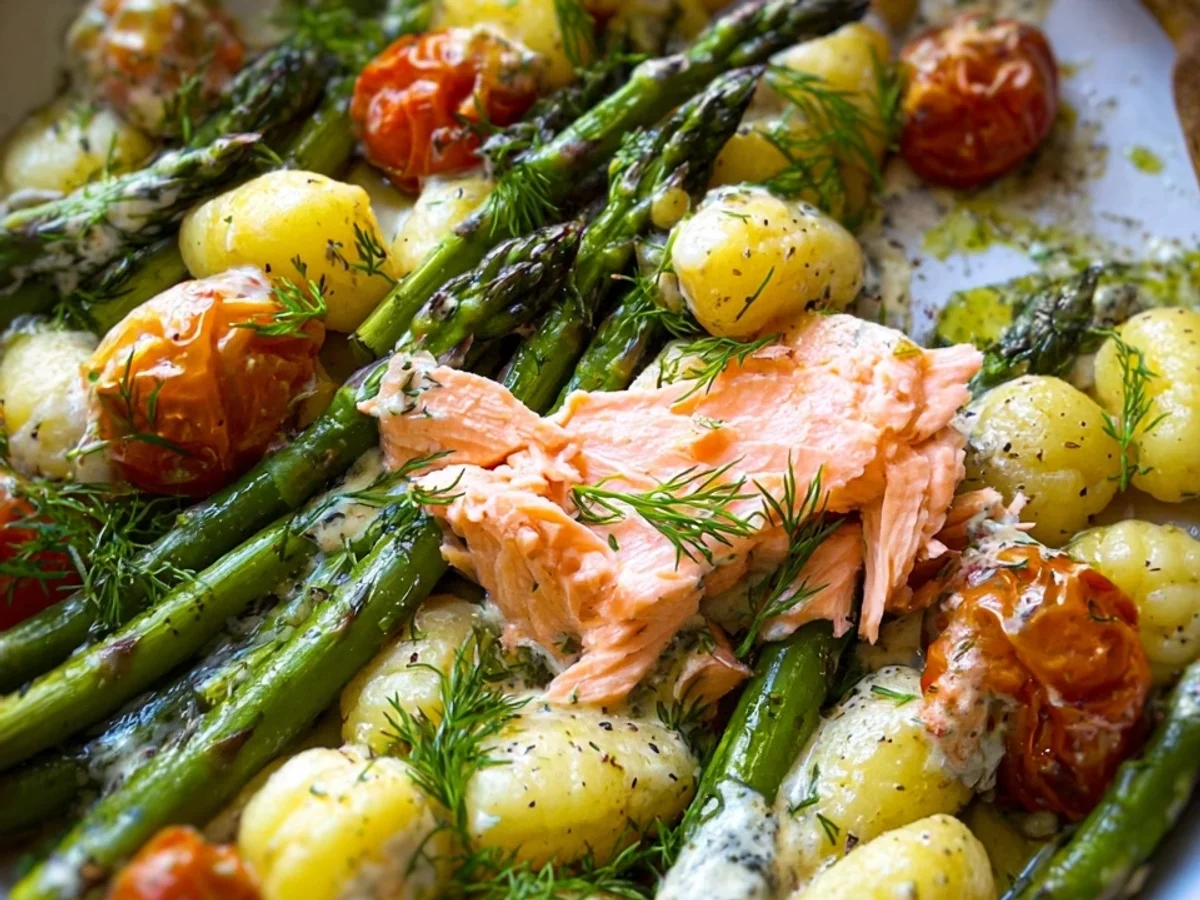 Schnelles Ofengericht: Grüner Spargel mit Lachs & Gnocchi - Bild 1