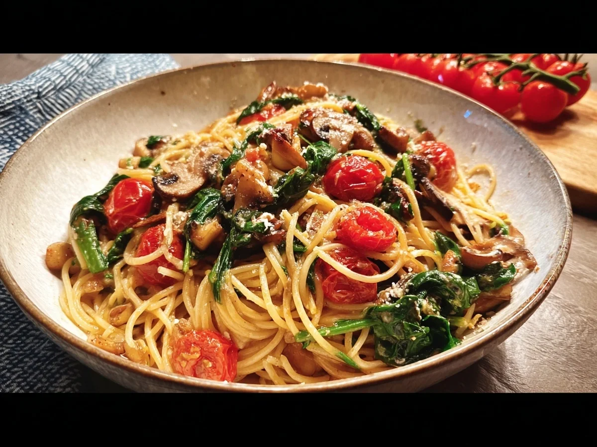 Spaghetti mit Honig-Tomaten, Spinat & Champignons - Bild 1