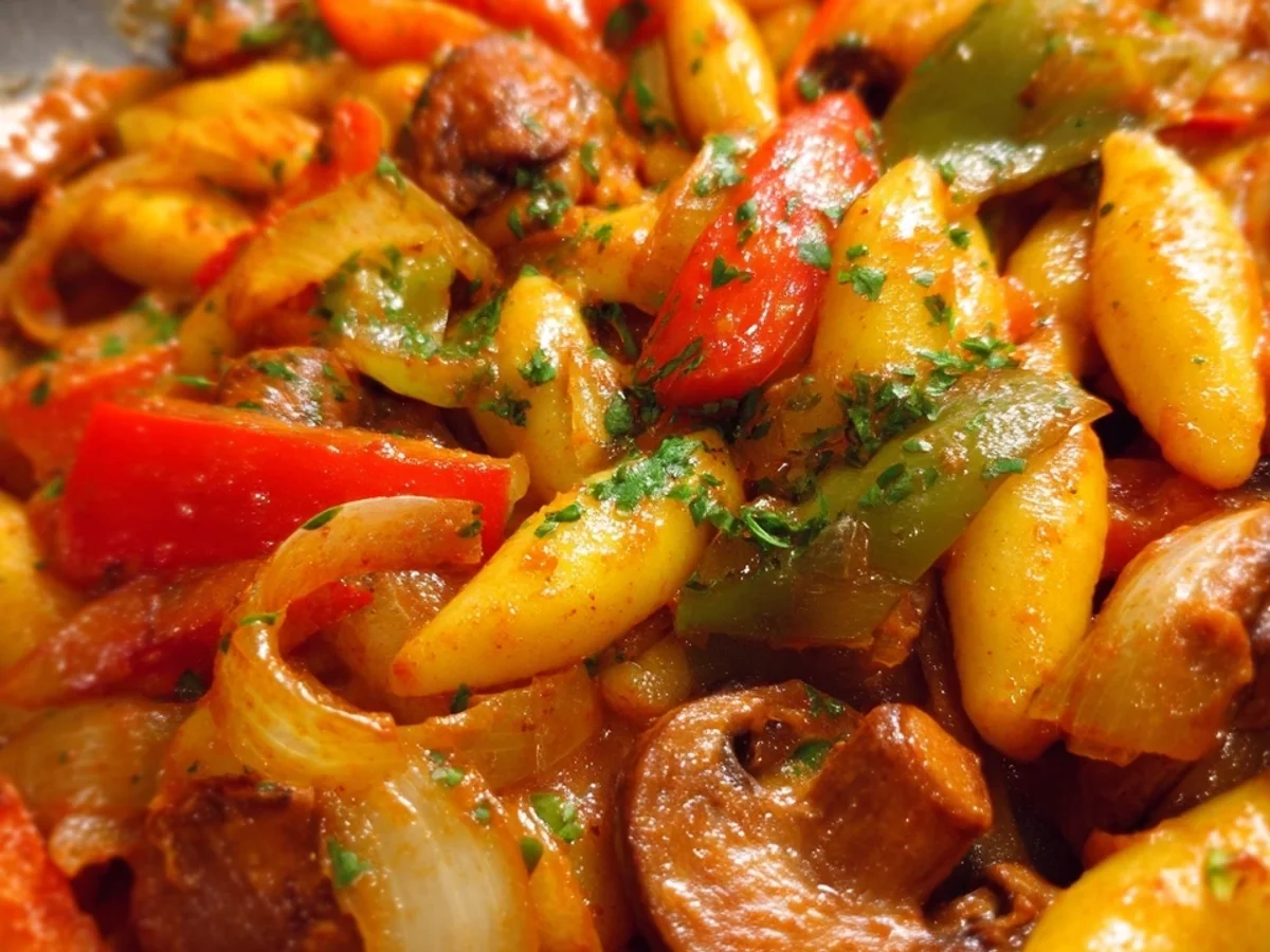 Vegane Schupfnudelpfanne mit Paprika & Pilzen - Bild 1