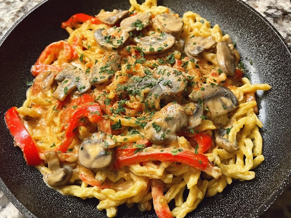 Vegetarische Paprika Spätzle mit Champignons - Bild 1