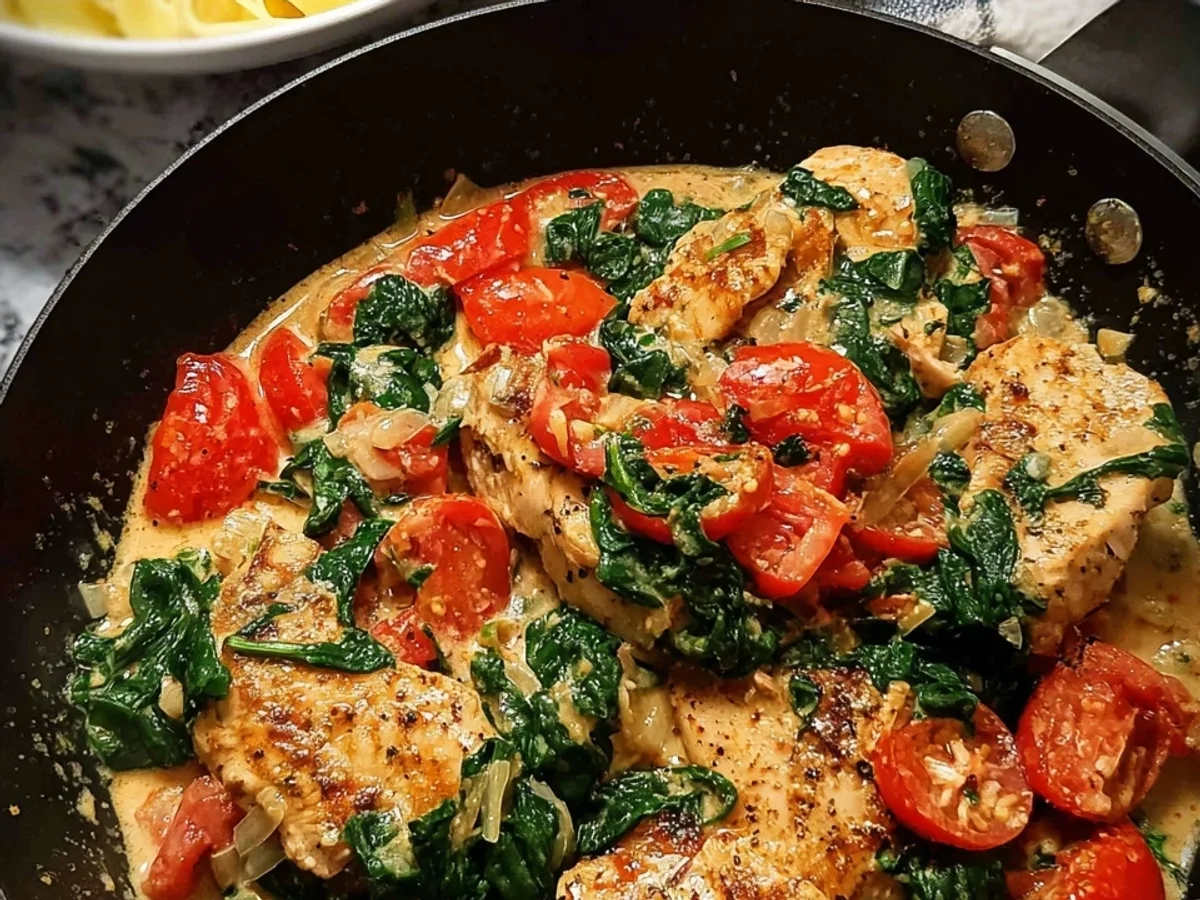Würzige Hähnchenpfanne mit Kokos, Tomaten & Spinat - Bild 1