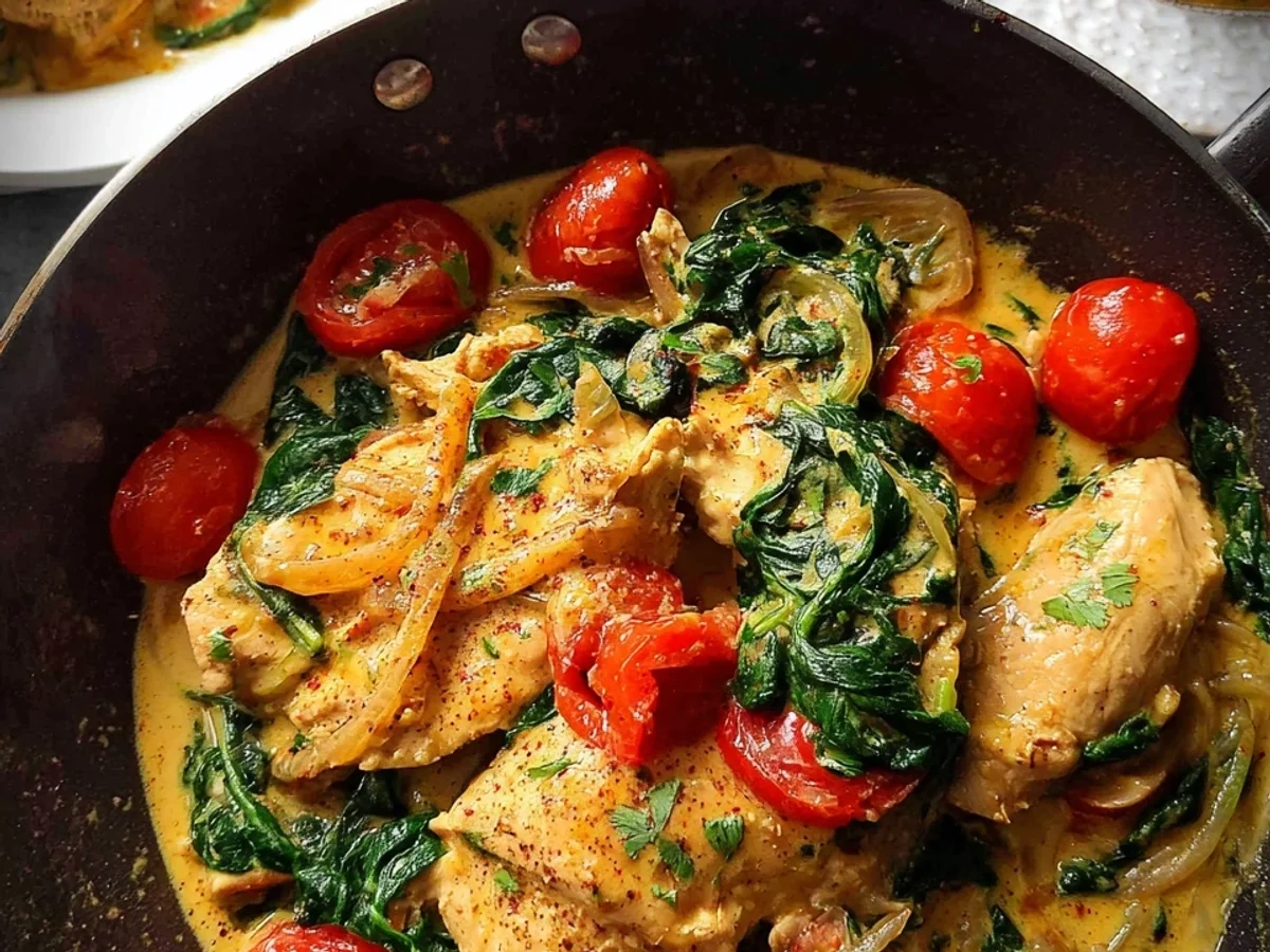 Würzige Hähnchenpfanne mit Kokos, Tomaten & Spinat - Bild 2