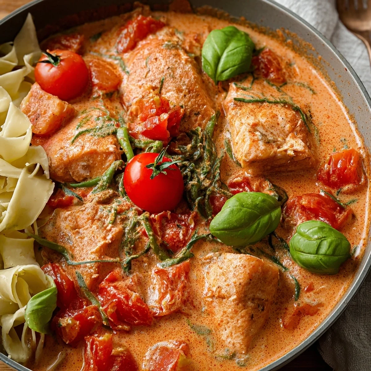 Cremiger Ofenlachs in Tomaten-Sahnesoße
