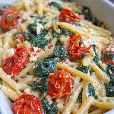 Gesunde Feta-Tomaten-Pasta mit Spinat für Familien