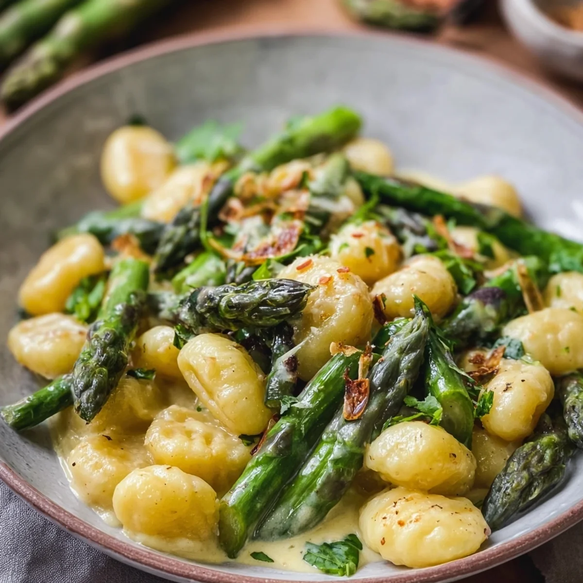 Gnocchi mit grünem Spargel in cremiger Sauce