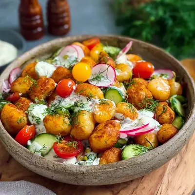 Knuspriger Gnocchi Salat mit frischem Joghurt-Dressing