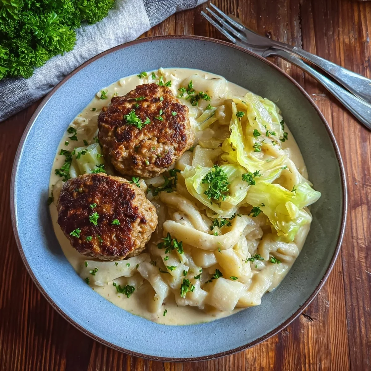 Kohlrabigemüse mit Frikadellen & hausgemachten Spätzle