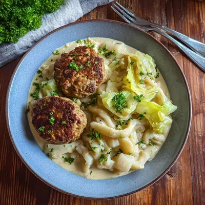 Kohlrabigemüse mit Frikadellen & hausgemachten Spätzle