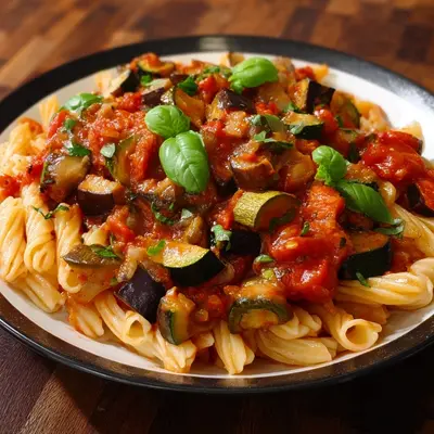 Mediterrane Pasta mit Auberginen, Zucchini & Tomaten