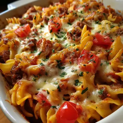 Nudel-Würstchen-Auflauf mit Tomaten & goldener Käsekruste