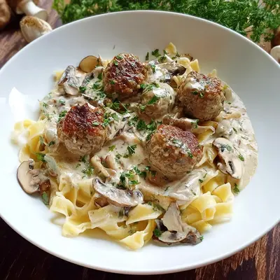 Nudeln mit Pilz-Hackbällchen & cremiger Pilzrahmsauce