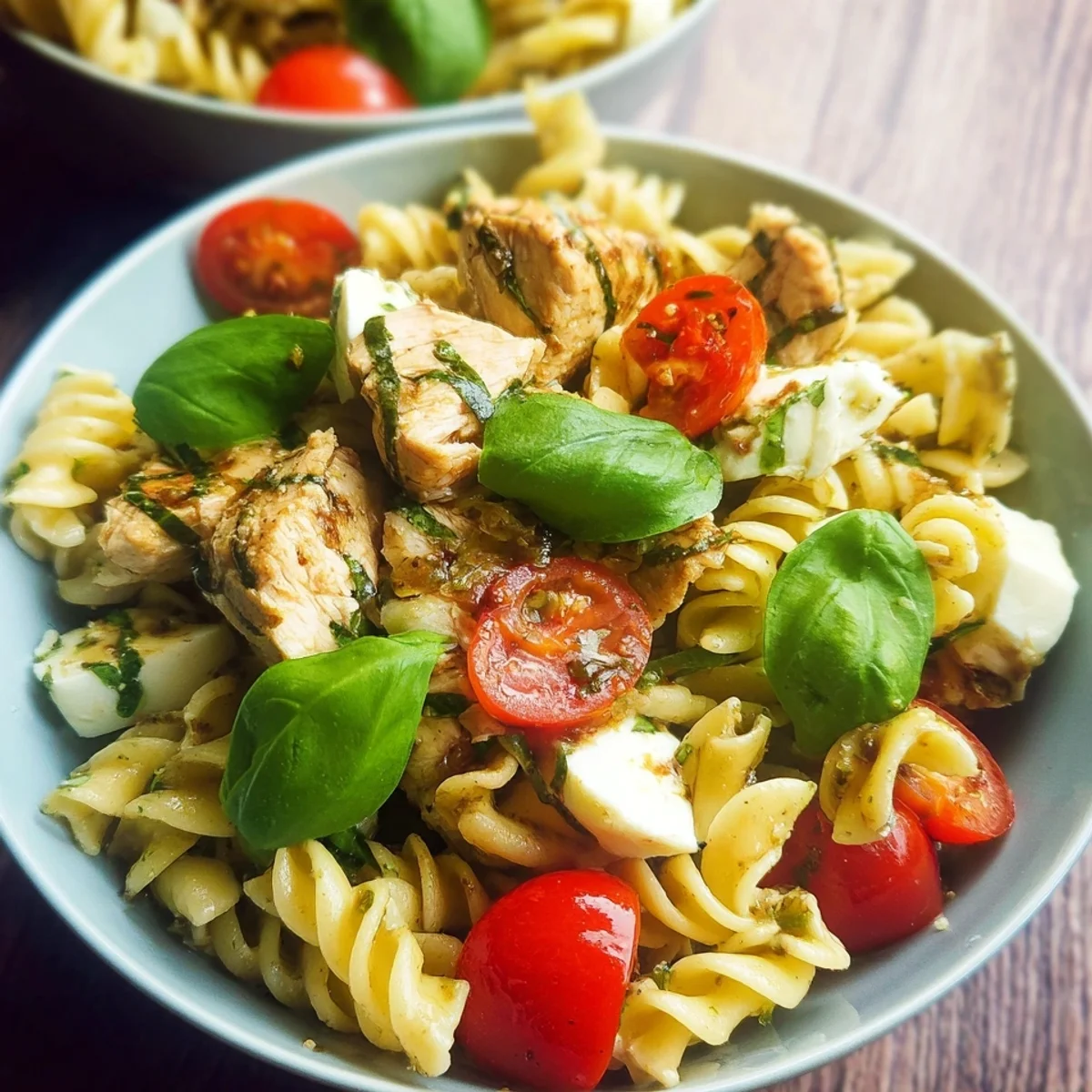 Nudelsalat Caprese mit Hähnchenbrustwürfeln Familienrezept