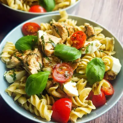 Nudelsalat Caprese mit Hähnchenbrustwürfeln Familienrezept