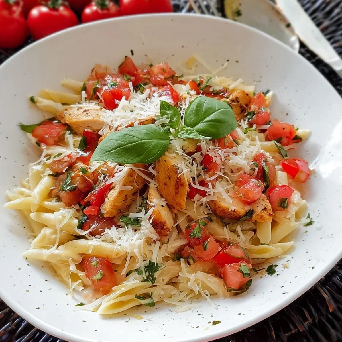 Schnelle Bruschetta Pasta mit Hähnchenstreifen