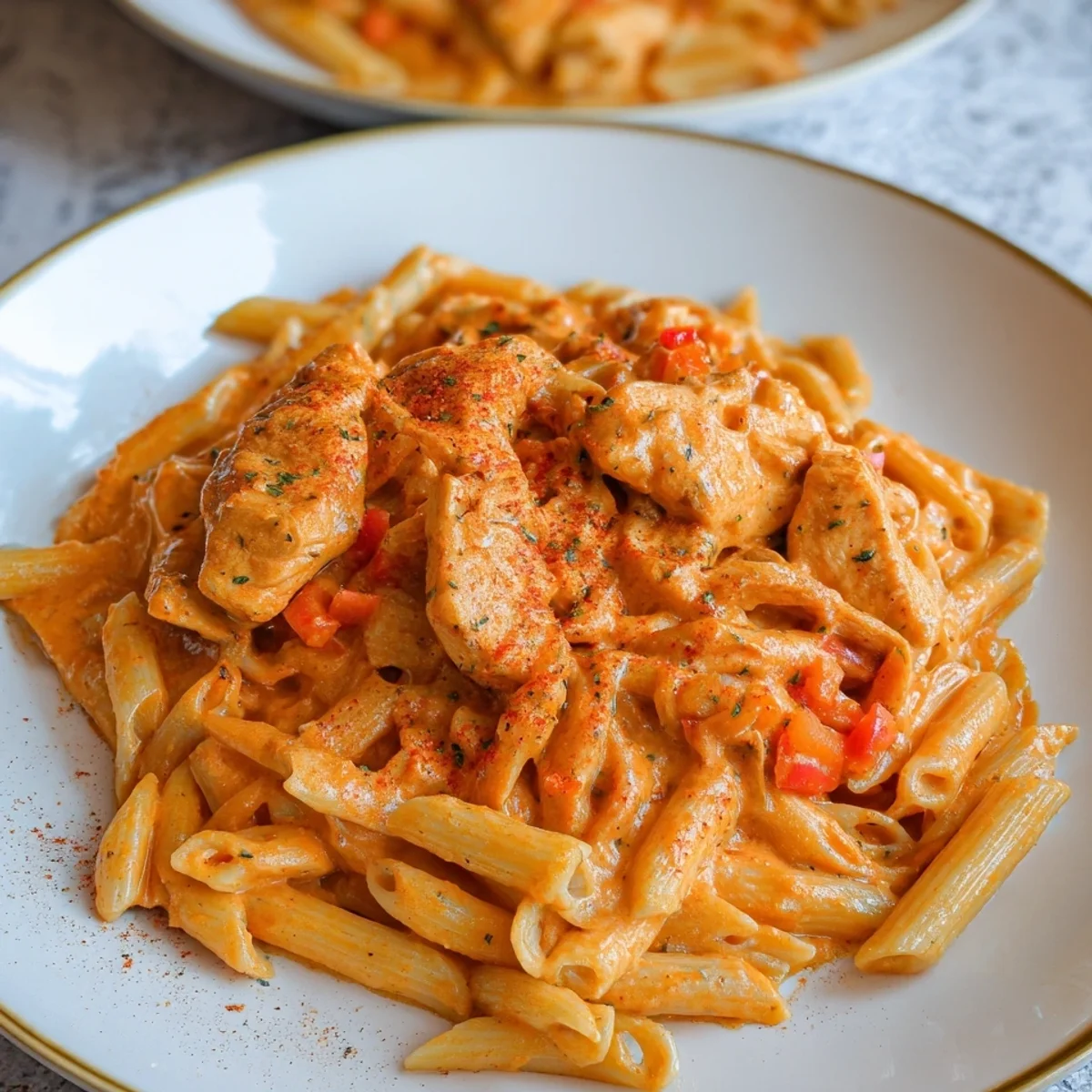Schnelle Nudeln mit Hähnchen & cremiger Paprikasoße
