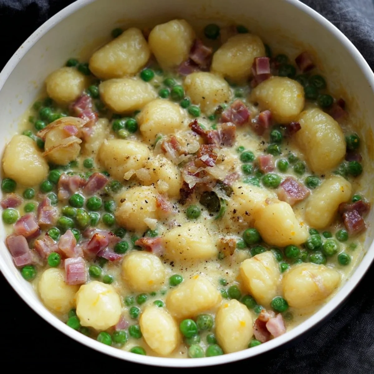 Schnelle One Pot Gnocchi mit Erbsen & Truthahnschinken