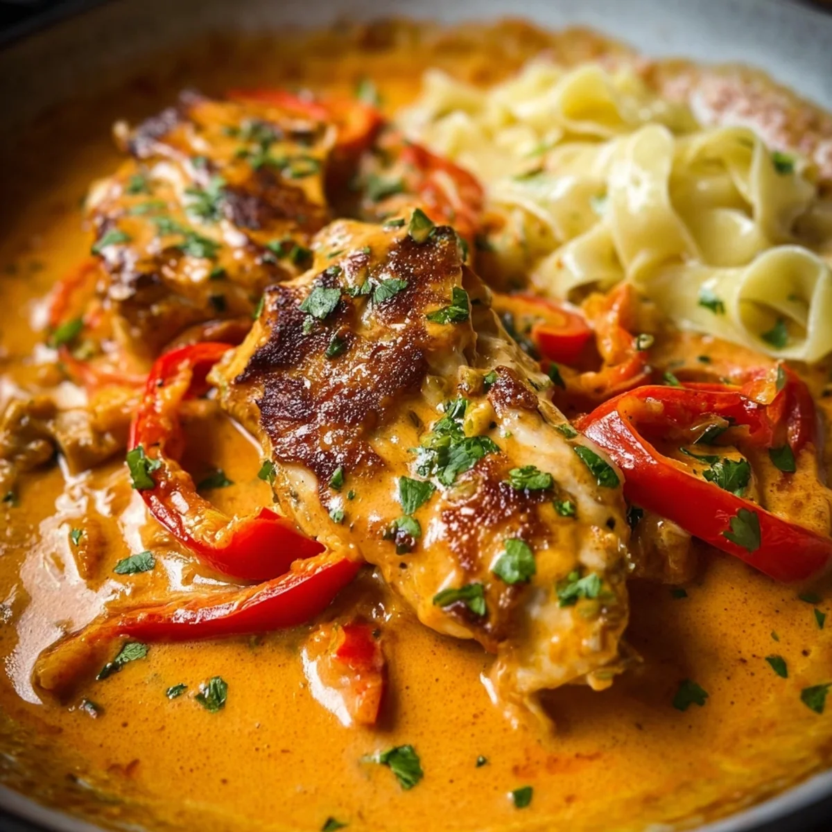 Schnelles Paprika-Sahne-Hähnchen ohne Fix Rezept