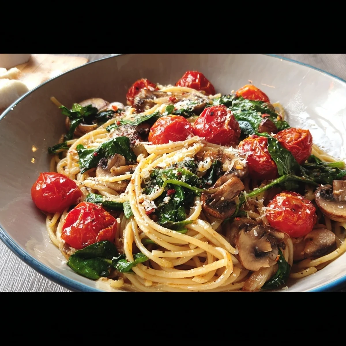 Spaghetti mit Honig-Tomaten, Spinat & Champignons