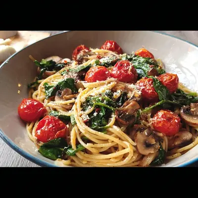 Spaghetti mit Honig-Tomaten, Spinat & Champignons