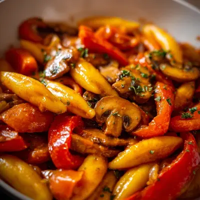 Vegane Schupfnudelpfanne mit Paprika & Pilzen