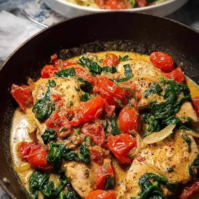 Würzige Hähnchenpfanne mit Kokos, Tomaten & Spinat