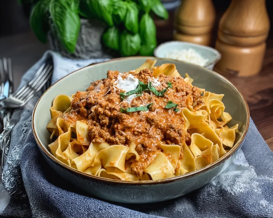 Cremige Bandnudeln mit Hackfleischsauce Omas Rezept