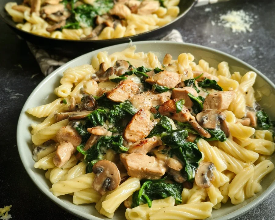 Cremige Hähnchen Pasta mit Spinat & Champignons
