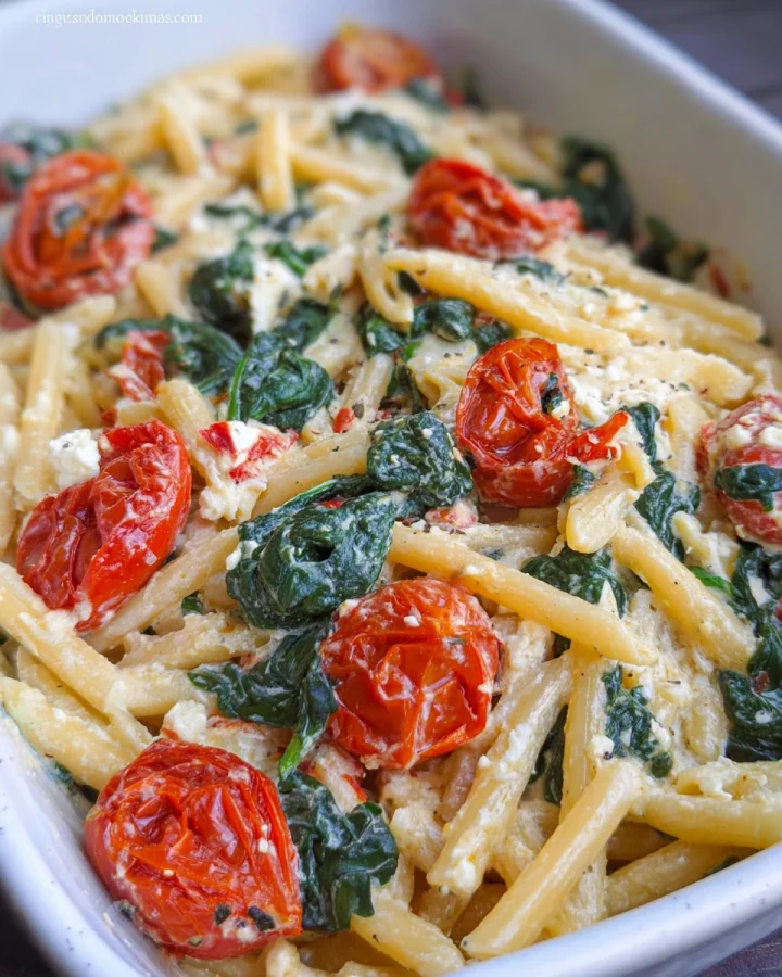 Gesunde Feta-Tomaten-Pasta mit Spinat für Familien