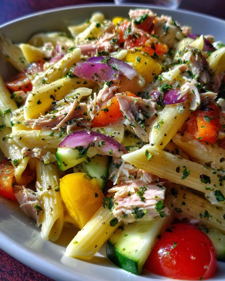 Kalorienarmer Nudelsalat mit Thunfisch & leichtem Dressing