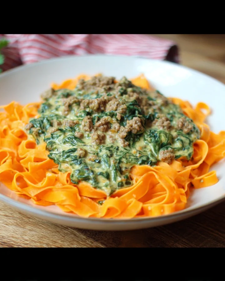 Low Carb Karottentagliatelle mit Hack-Spinat-Sahnesoße