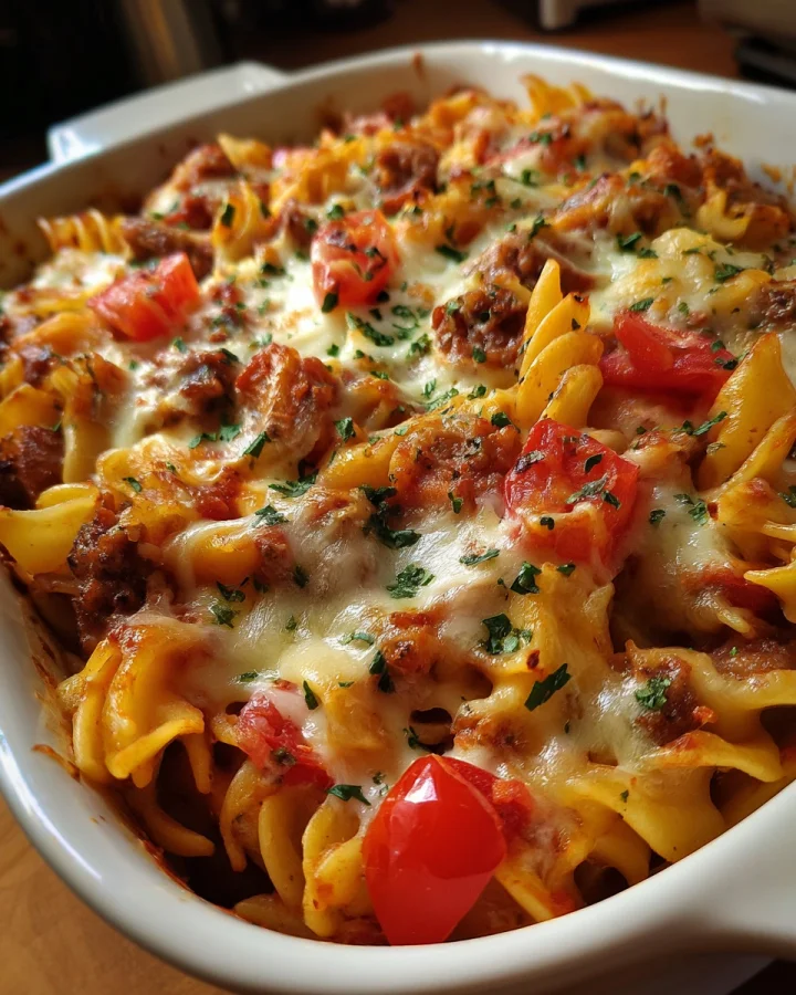 Nudel-Würstchen-Auflauf mit Tomaten & goldener Käsekruste