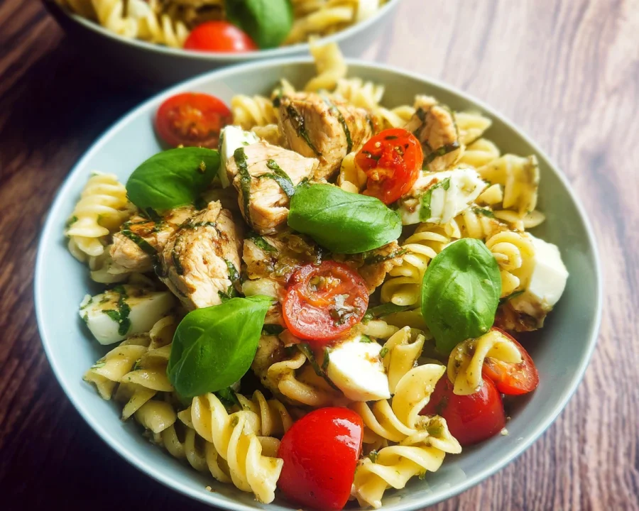 Nudelsalat Caprese mit Hähnchenbrustwürfeln Familienrezept