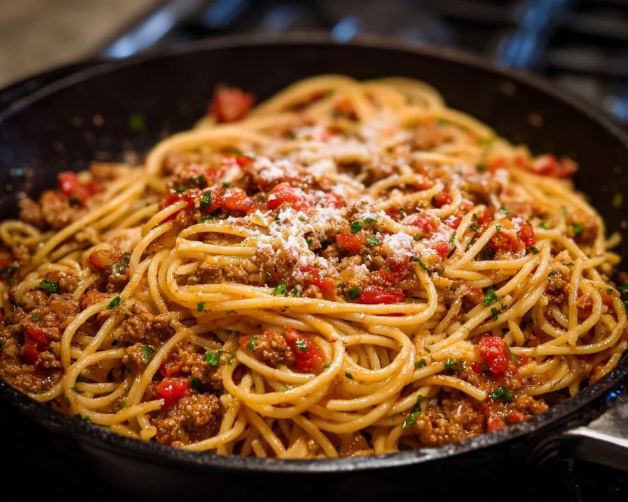 Schnelle cremige Spaghetti mit Hackfleisch & Parmesan