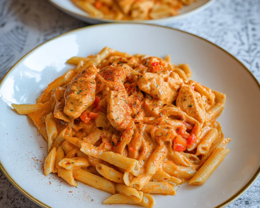 Schnelle Nudeln mit Hähnchen & cremiger Paprikasoße