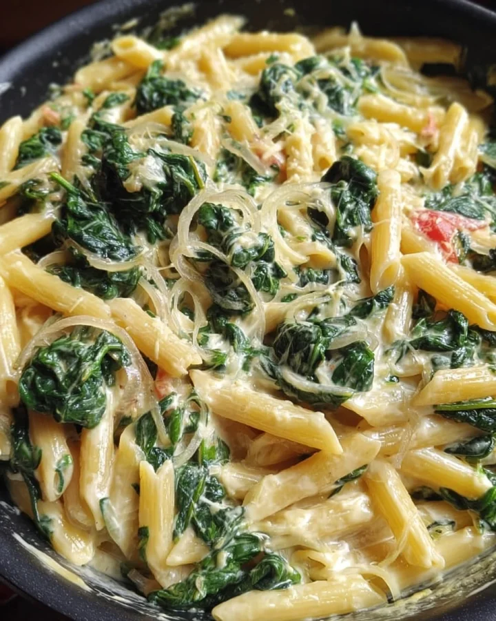 Schnelle Nudeln mit Schmelzkäse und Spinat
