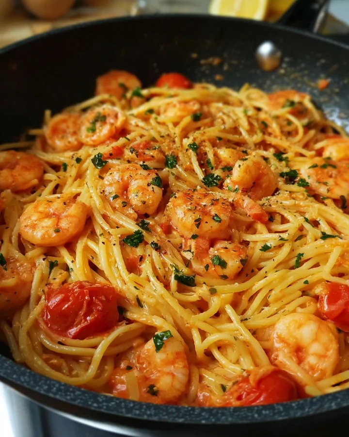 Schnelle Spaghetti mit Garnelen & Tomaten Sahne Soße