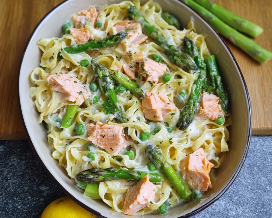 Schnelle Spargel Pasta mit Lachs aus dem Ofen