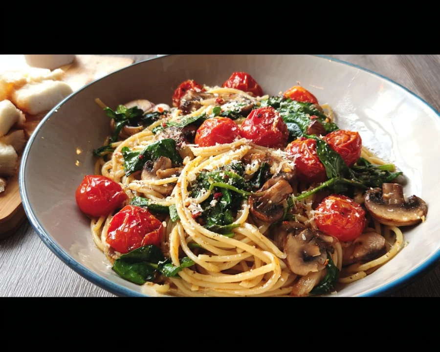 Spaghetti mit Honig-Tomaten, Spinat & Champignons