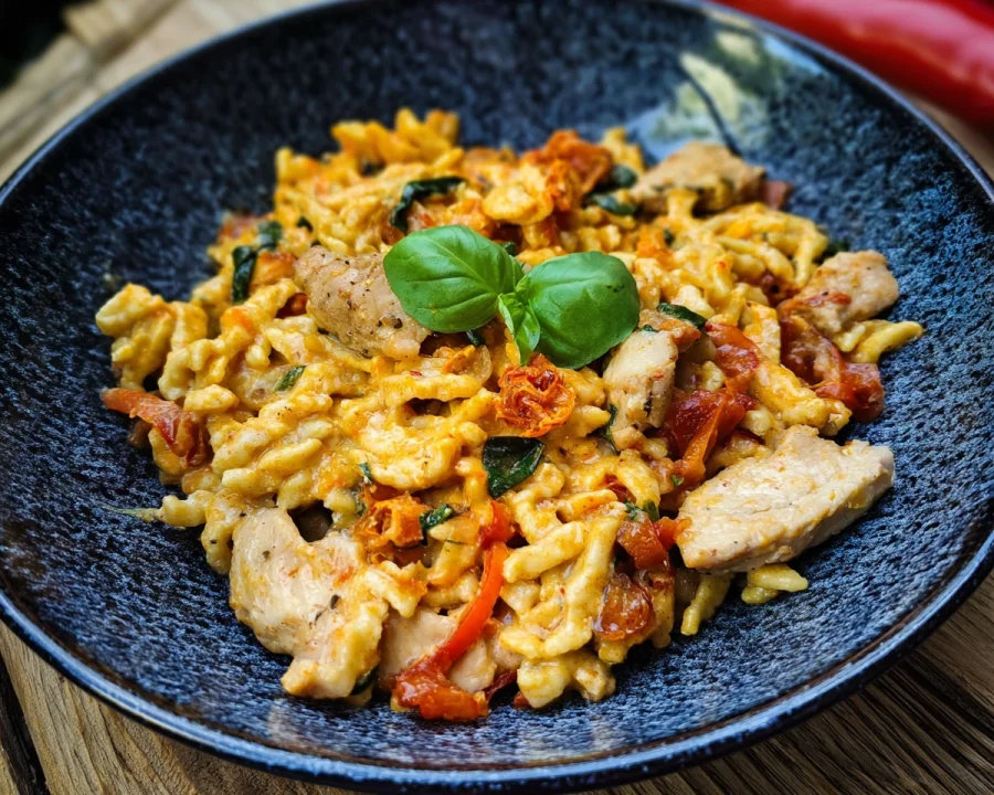 Spätzlepfanne mit Hähnchen & Ajvar: Schnell & Lecker