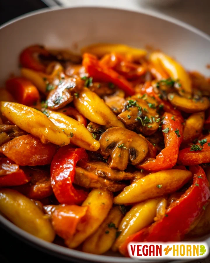 Vegane Schupfnudelpfanne mit Paprika & Pilzen