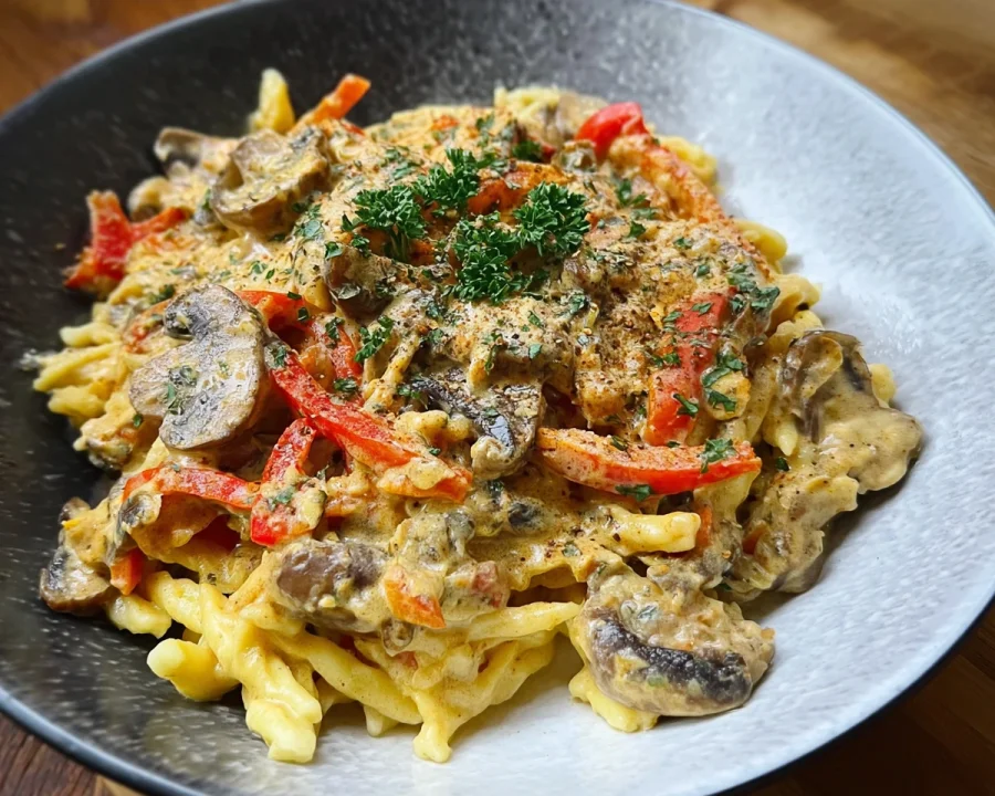 Vegetarische Paprika Spätzle mit Champignons